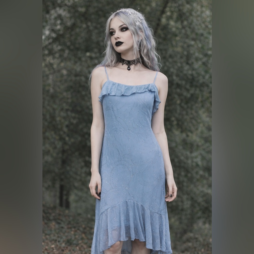 VTG BYER TOO! 90s Y2K Women L Lined Blue Midi Dress USA Whimsy Goth Fairy Sequin